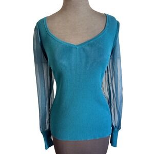Bold Elements Womens Teal Ribbed Knit V-Neck Sheer Balloon Sleeve‎ Sweater Large